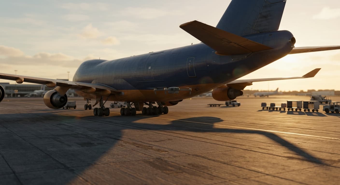 Cargo freighter aircraft on the tarmac at sunset
